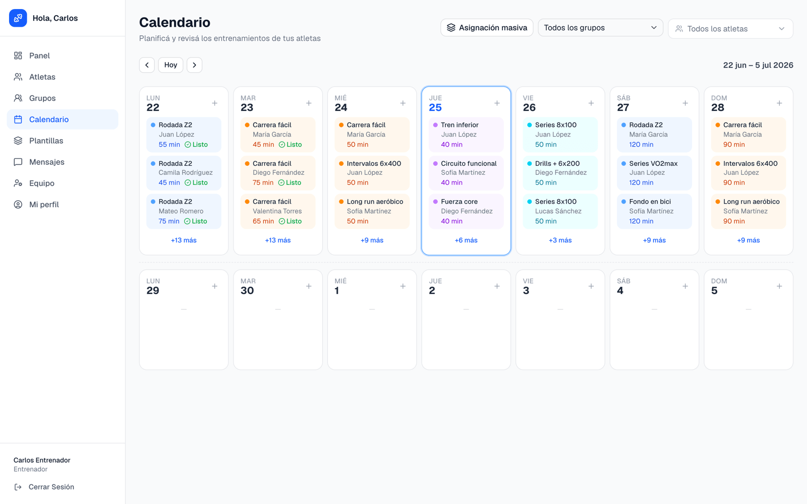 RunTri weekly calendar view